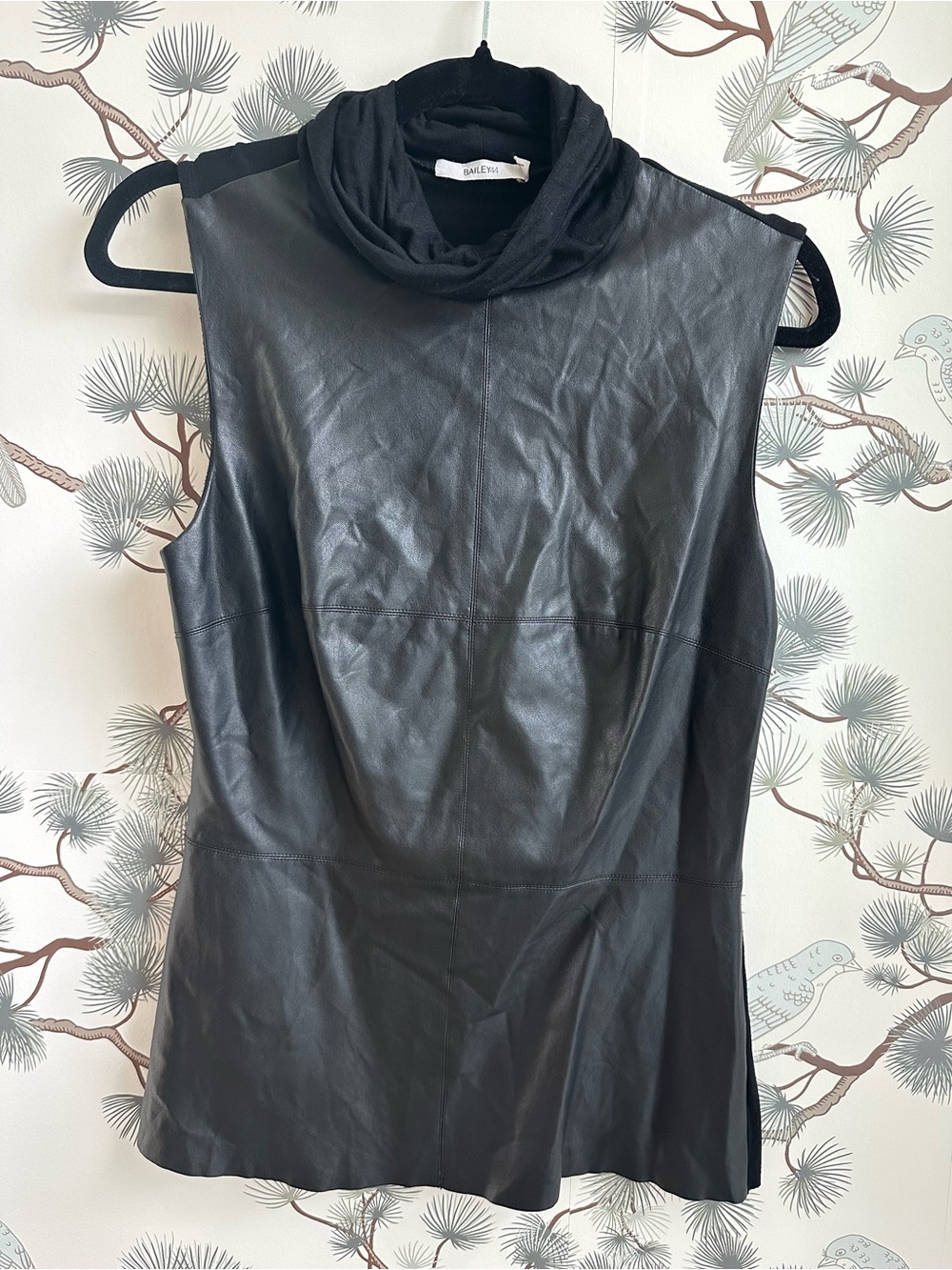 Bailey44 Made in USA Faux Leather Mixed Media Cowl Neck Sleeveless Top L